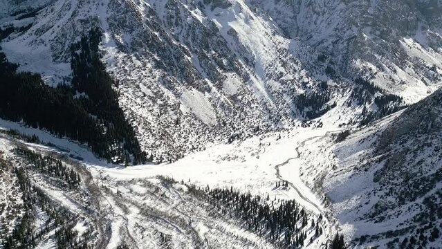 Aerial view of snow capped mountains and fir trees in the winter park
