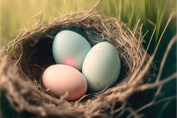 Obraz premium colorful easter eggs in nest, generative ai