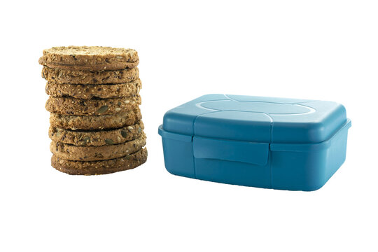 blue lunchbox and stack of rusks
