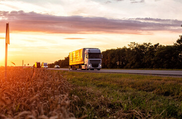A truck with a trailer transports cargo in the summer against the backdrop of sunset and beautiful evening nature. 