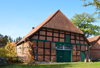 Historical Farm in Autumn in the Heath Lueneburger Heide, Düshorn, Lower Saxony