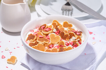 Heart shaped tiny pancakes for cute Valentine's day breakfast or brunch