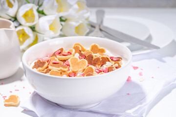 Heart shaped tiny pancakes for cute Valentine's day breakfast or brunch