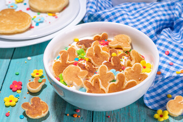 Bunny shaped tiny pancakes for cute Easter holiday, with sugar sprinkles, Funny kids breakfast or brunch