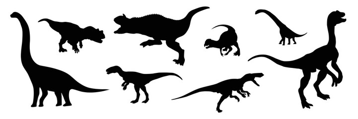 Dinosaurs icons set transparent. Dinosaurs silhouette. Jurassic dino monsters collection.