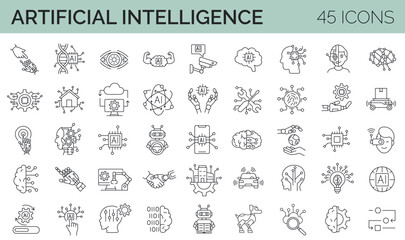 Set of 45 artificial intelligence, robotic, machine learning icons. Editable stroke line collection. Vector illustration