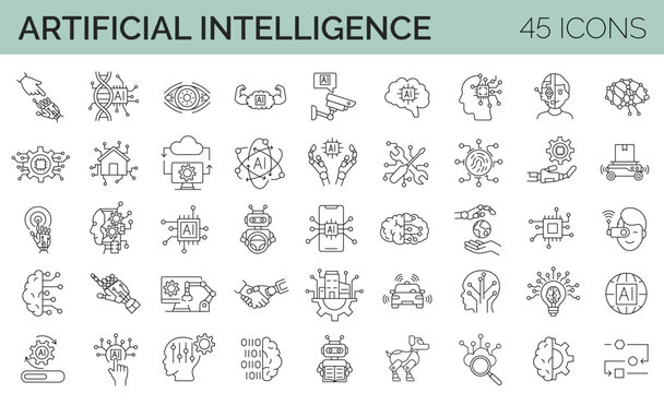 Set of 45 artificial intelligence, robotic, machine learning icons. Editable stroke line collection. Vector illustration