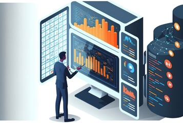 illustration of Data Analyst on a dashboard with information process workflow, generative AI