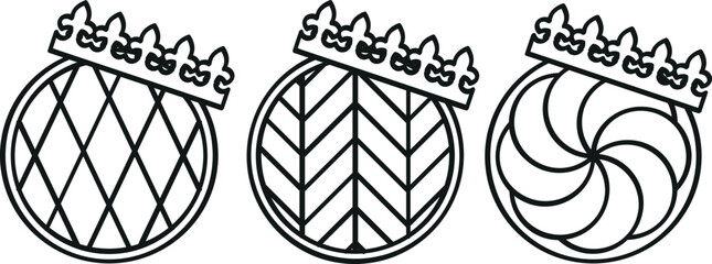 Galette des rois french king cake with crown logo.
Vector icons for epiphany day with black outlines.