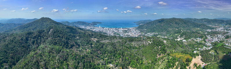 Phuket Thailand patong bay. Panorama landscape nature view from Drone camera. Aerial view of patong city in phuket thailand. Beautiful sea in summer sunny day time