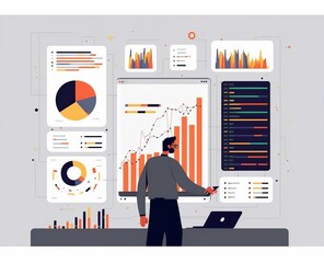 illustration of Data Analyst on a dashboard with information process workflow, generative AI