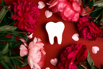 White tooth with pink peony flowers snd hearts on red background.