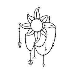 Fototapeta premium Tarot sun sketch. Boho tarot sun element with moon and stars pendants. Vector illustration isolated in white background