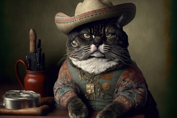 cat with long moustaches is the new boss of sinaloa mexican drug cartel illustration generative ai
