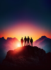 Group of people on peak of the mountain at sunset, generative AI
