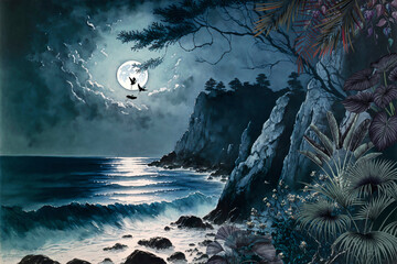 Wallpaper landscape of island beaches at night with full moon and glowing, birds, trees and plants in vintage style - digital painting