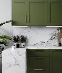 Modern green kitchen interior design, close up, 3d rendering