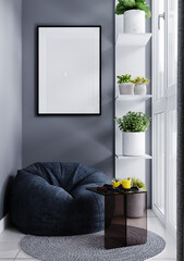 Poster frame mockup in balcony with a cozy blue armchair, coffee table and plant, 3d rendering