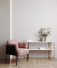 Modern classic interior with paneling, pink chair, wood floor and console with decorations. 3d rendering