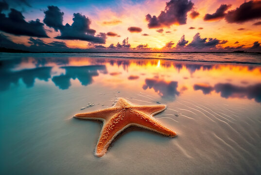 Starfish and sand on tropical beach and ocean at sunset, generative AI