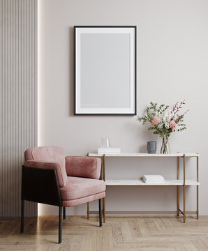 Mockup poster frame in modern interior, beige room with pink chair, decoration and flowers, 3d render