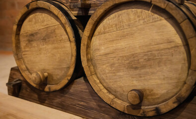 Two wooden barrels for storing gunpowder. Historical