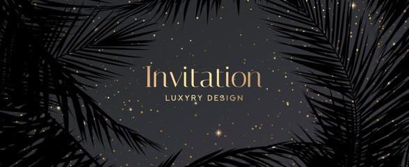 Tropical invitation card with palm leaf pattern (silhouette palm tree leaves). Premium golden vector on white background for wedding invite, Gift card, voucher, gift certificate