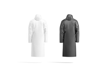 Blank black and white protective raincoat mockup, back view