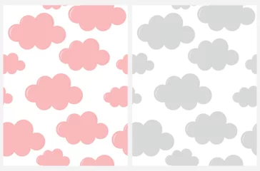 Meubelstickers Baby Shower Vector Seamless Patterns with Pastel Pink and Light Gray Clouds on a White Background. Fluffy Clouds on a Sky. Sweet Nursery Print ideal for Fabric, Textile, Wrapping Paper.  © Magdalena