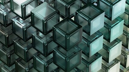 Green, grid-aligned set of glass-textured cubes abstract, dramatic, passionate, luxurious and exclusive 3D rendering of graphic design elemental background material.