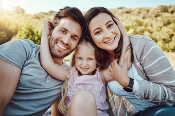 Portrait of mother, father and girl at park enjoying quality time in holiday, weekend and vacation together. Family, love and happy child with parents smile for bonding, relax and adventure in summer