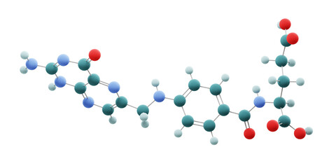 folic acid molecule, ball and stick isolated model vitamine b9, structural chemical formula view from a microscope