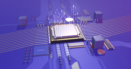 Powerful Server Processor On Motherboard. Analyzing Data Flow. Computer And Technology Related 3D illustration Render.