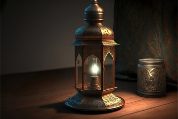 Arabic ramadan lantern with burning candle, generative ai