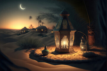 Arabic ramadan lantern with burning candle, generative ai - obrazy, fototapety, plakaty