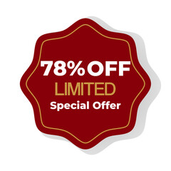 78 % off inscription Special offer golden color Limited  with red abstract figure on white background. Vector illustration