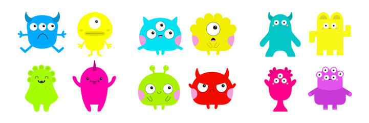 Monster set. Happy Halloween. Cute face head. Colorful monsters. Cartoon kawaii scary funny character. Different emotion. Baby collection. T-shirt design. White background. Flat design.