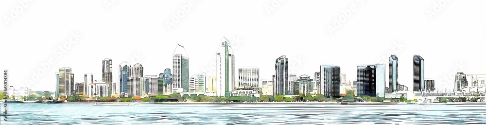 Wall mural san diego waterfront skyline, california, usa, color sketch illustration isolated on white backgroun