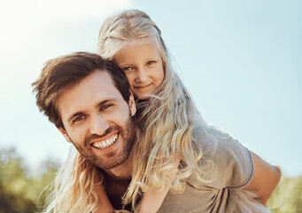 Portrait, father carry girl and outdoor for bonding, happiness and quality time together, smile and...