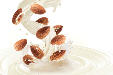 almond milk splashing on white background