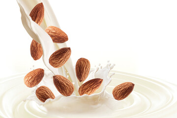 almond milk splashing on white background - obrazy, fototapety, plakaty