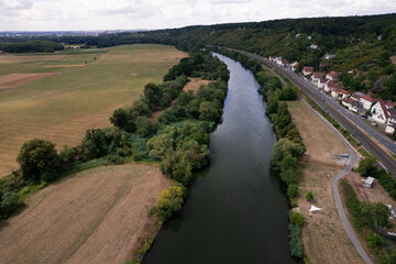 view of the river and city frome drone