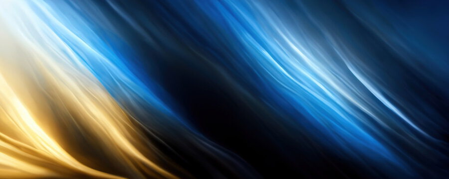 Blur light rays motion. Bokeh flare. Defocused yellow blue color luminous beam lines glow radiance on dark black art illustration abstract background.