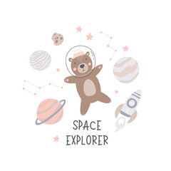 Space adventure brown bear. Cartoon bear, hand drawing lettering, decor elements. Pastel vector illustration for kids. Scandinavian flat style. baby design for cards, posters, t-shirt print.