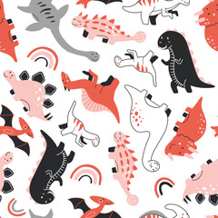 Vector seamless pattern with cute baby dinosaurs. Hand drawn brontosaurus, tyrannosaurus, pterodactyl, triceratops, stegosaurus, spinosaurus, plesiosaurus, ankylosaurus, velociraptor, parasaurolophus