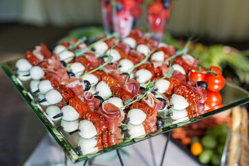 Set of appetizers with mozzarella, prosciutto and olives. Italian and french dishes.