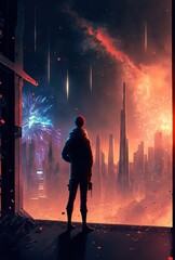 New Year's Eve over a futuristic city, Festive beautiful colorful fireworks with lone adventurer ,made with Generative AI