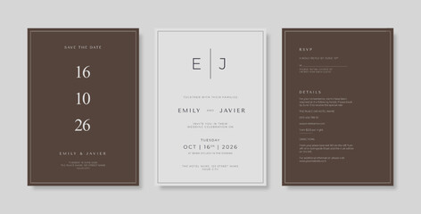 Wedding invitation template with engraved leaves. Simple and minimalist wedding engagement template.