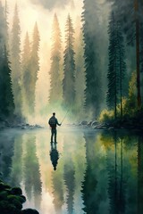 Fototapeta na wymiar Man fishing in a river forest peaceful fly rod casting catching fish ,made with Generative AI