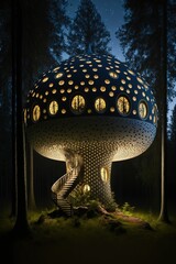Mushroom shaped tree house in the forest ,made with Generative AI